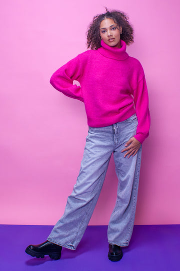 Hot Pink Dreamy Roll Neck Jumper
